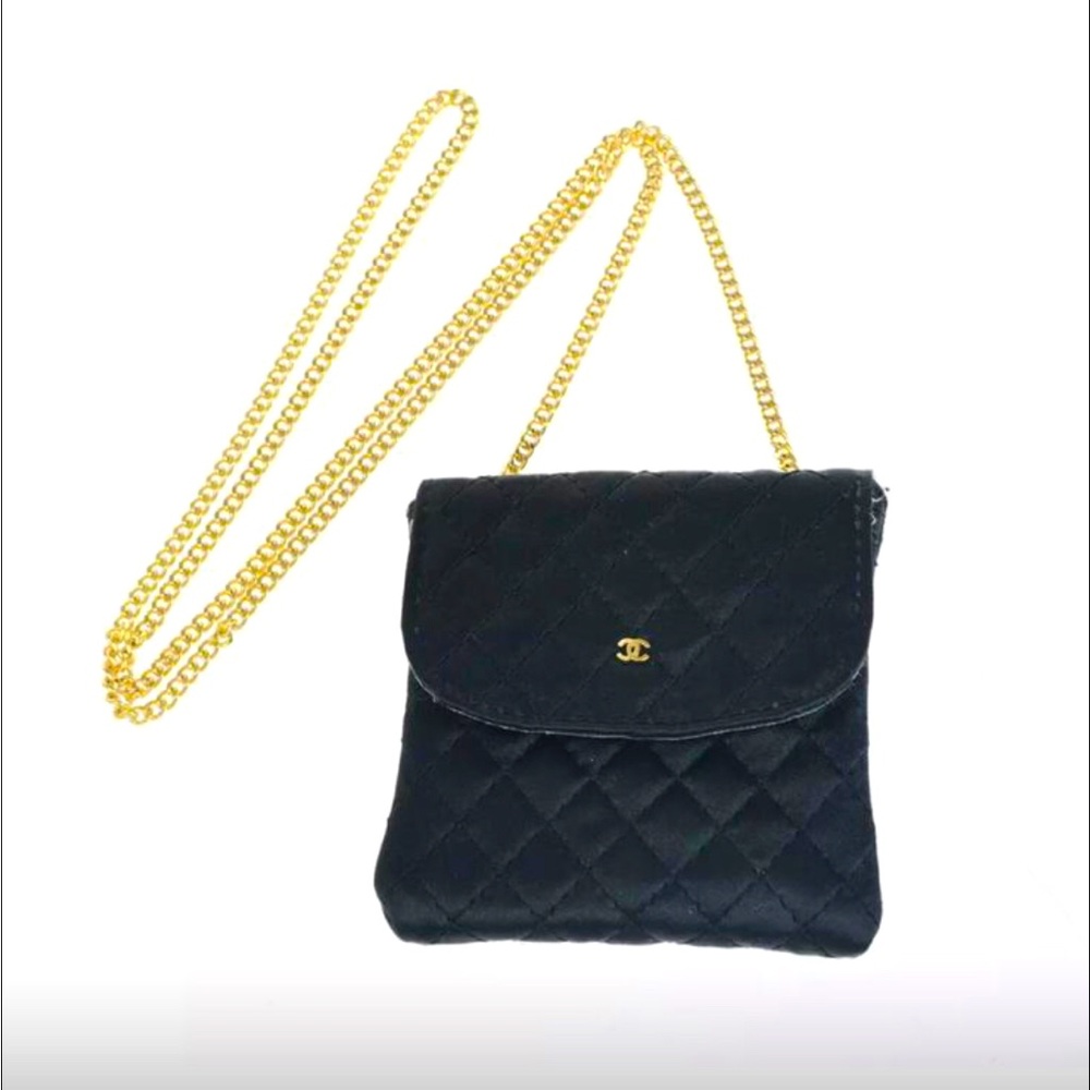 Chanel logo classic style flap bag in velvet material in black and gold micro